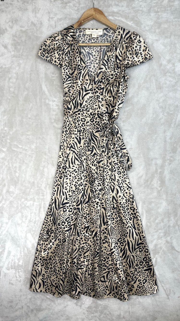 Saltwater Luxe Mixed Animal Print Wrap Maxi Dress XS Anthropologie Mob Wife